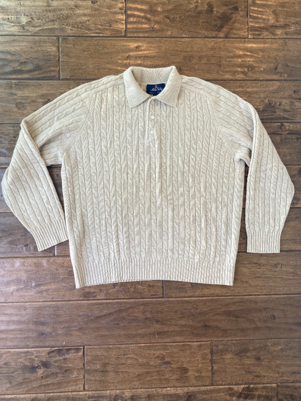 Allen Solly 100% 2-Ply Cashmere Cable Knit Polo Sweater Beige Men's Large